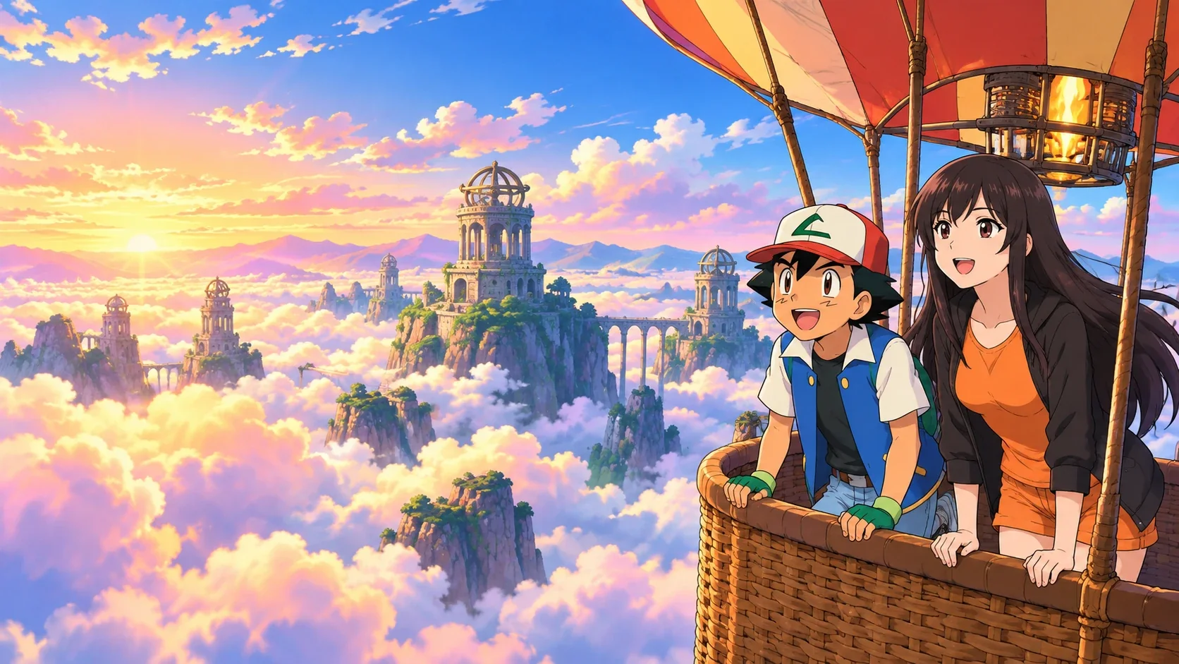 The two of them leaning out of a hot-air balloon basket above ruins in a sea of sunset clouds