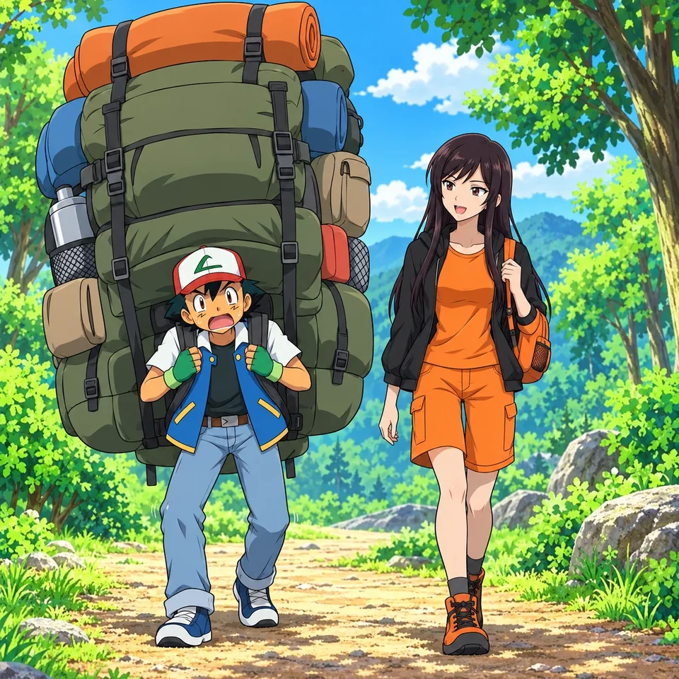 Ash bent under a towering green backpack on a forest trail while his travel partner walks beside him with one small bag